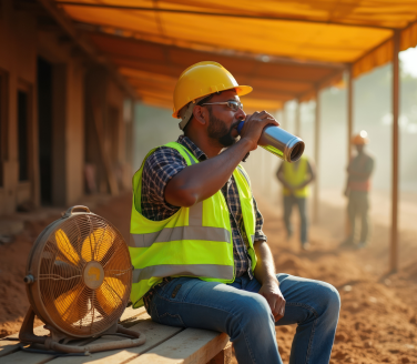 Construction worker in a yellow hard hat and safety vest drinking water beside a fan at an outdoor job site in summer heat