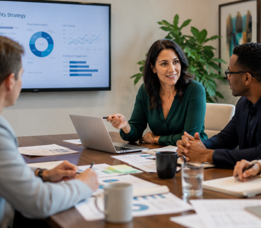 Three professionals at a conference table reviewing an HR benefits strategy presentation with charts on a screen.