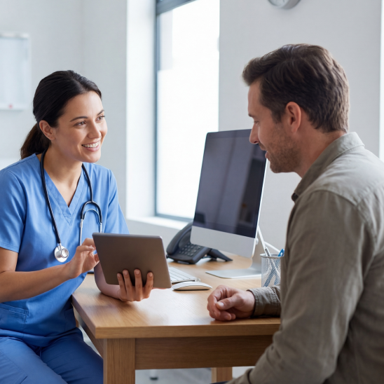 A smiling healthcare provider in blue scrubs holds a tablet while speaking with a person at a desk