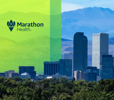 Marathon Health logo over a vibrant green overlay beside an urban skyline with mountains in the background
