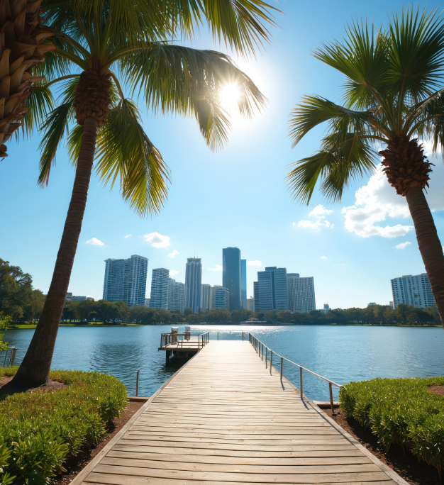 Sunny waterfront park with a wooden dock, palm trees, and a city skyline reflected on calm blue water