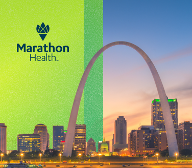Marathon Health logo beside a St. Louis skyline at dusk featuring a large arch landmark and illuminated buildings