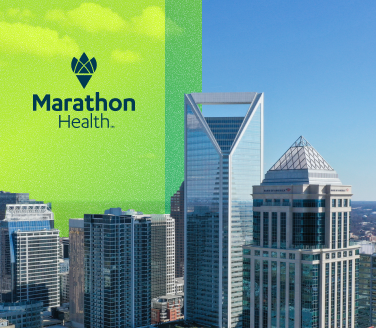 Marathon Health logo on a bright green overlay beside an aerial Charlotte, North Carolina skyline with glass skyscrapers under a clear blue sky