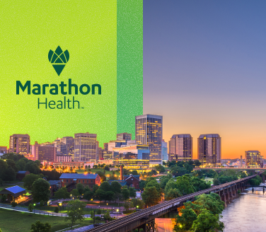 Marathon Health logo on a green panel beside the Richmond skyline at dusk