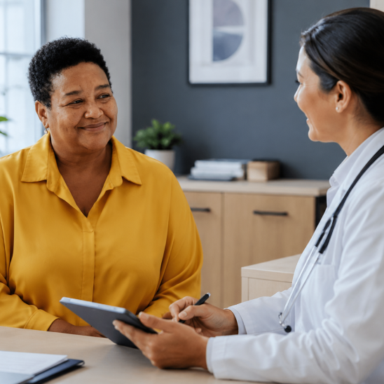 Provider holding a tablet talks with a smiling person in a yellow blouse across a desk