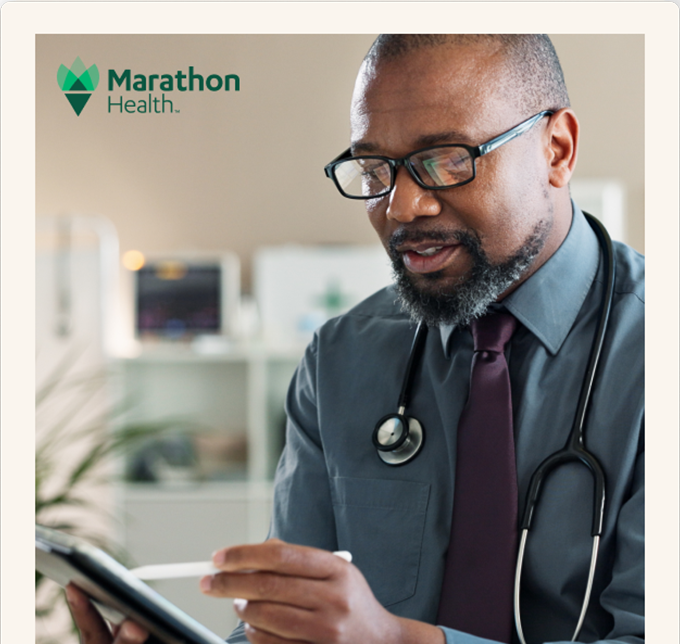 Report cover with the Marathon Health logo: a provider with a stethoscope reviewing a tablet.