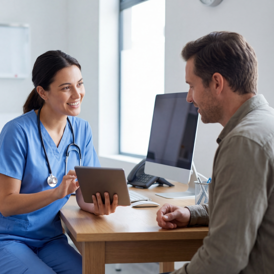 Healthcare provider in blue scrubs and stethoscope smiling while showing a tablet to a person seated at a desk