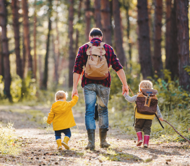 Adult and two children in rain boots walk hand in hand along a sunlit forest path