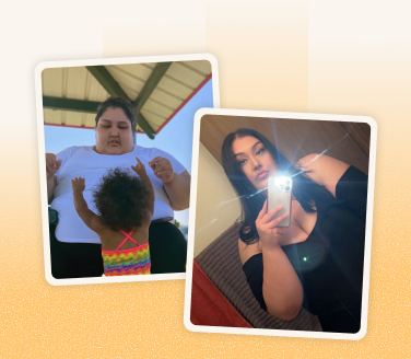 Kayla in two photos: outdoors with a young child, and taking a mirror selfie in a black outfit