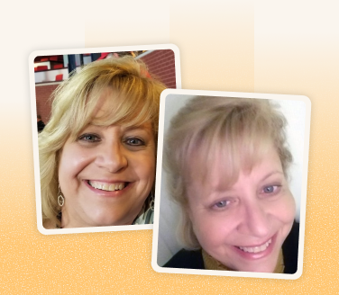 Linda Heebner smiling in two separate close-up portrait photos, both showing her with blonde hair and a warm expression