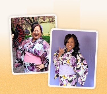 Rose Rolfe smiling in floral kimono attire in two before and after photos, holding a fan outdoors and giving a thumbs-up indoors