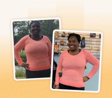 Michelle smiling in a coral long-sleeve top, shown in two photos — outdoors near greenery and inside a fitness facility