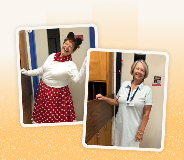 Angela in two photos: laughing in a Minnie Mouse costume, and smiling indoors in a light blue dress with a badge