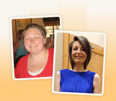 Julia Stafford smiling in two before and after photos, wearing a red top in one and a blue sleeveless top in the other