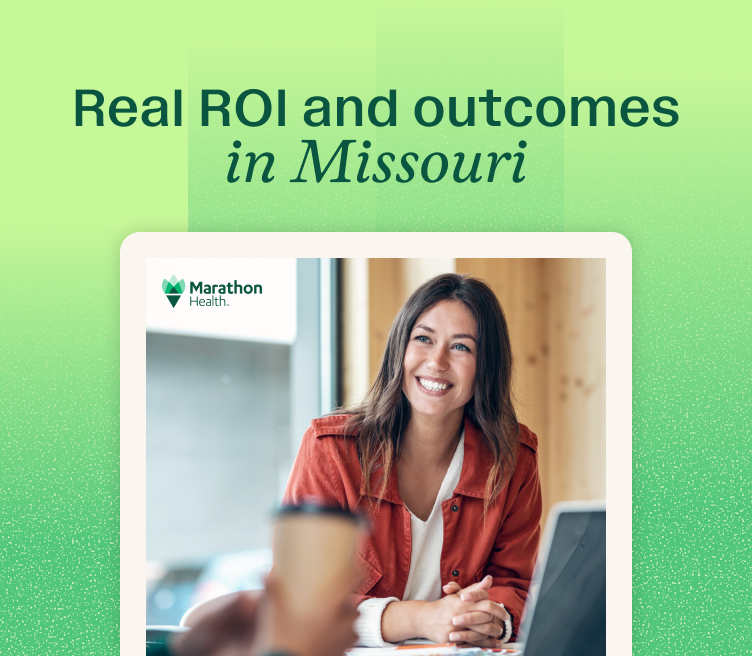 Graphic reading "Real ROI and outcomes in Missouri" over a report cover of a smiling person at a cafe table