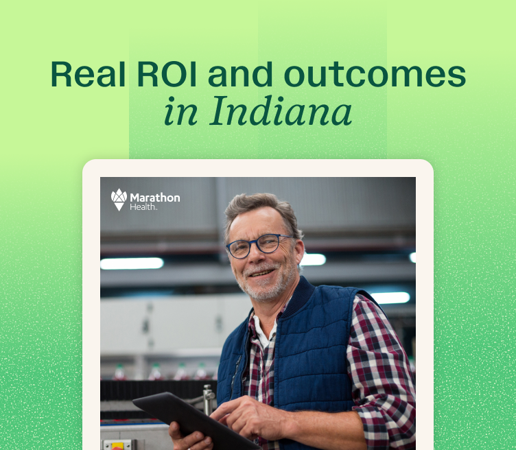 Graphic reading "Real ROI and outcomes in Indiana" over a report cover of a worker with a tablet at a production line