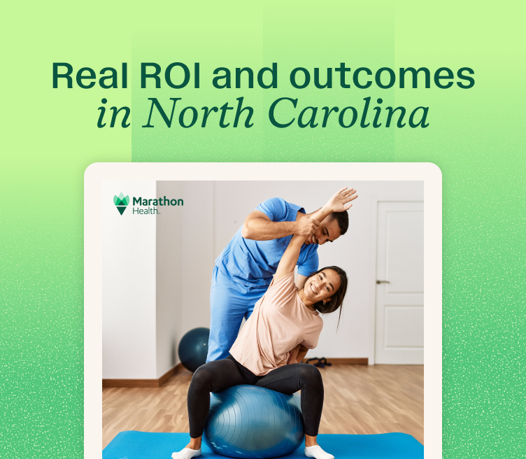Graphic reading "Real ROI and outcomes in North Carolina" over a report cover of an exercise-ball stretching session