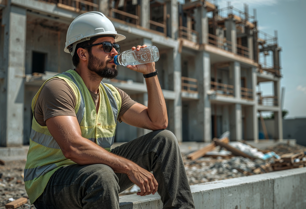 A construction worker in a white hard hat drinks from a water bottle at a building site