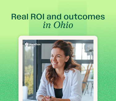 Graphic reading "Real ROI and outcomes in Ohio" over a report cover of a smiling person at a desk
