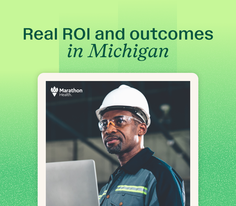 Graphic reading "Real ROI and outcomes in Michigan" over a report cover of a worker in a hard hat with a laptop